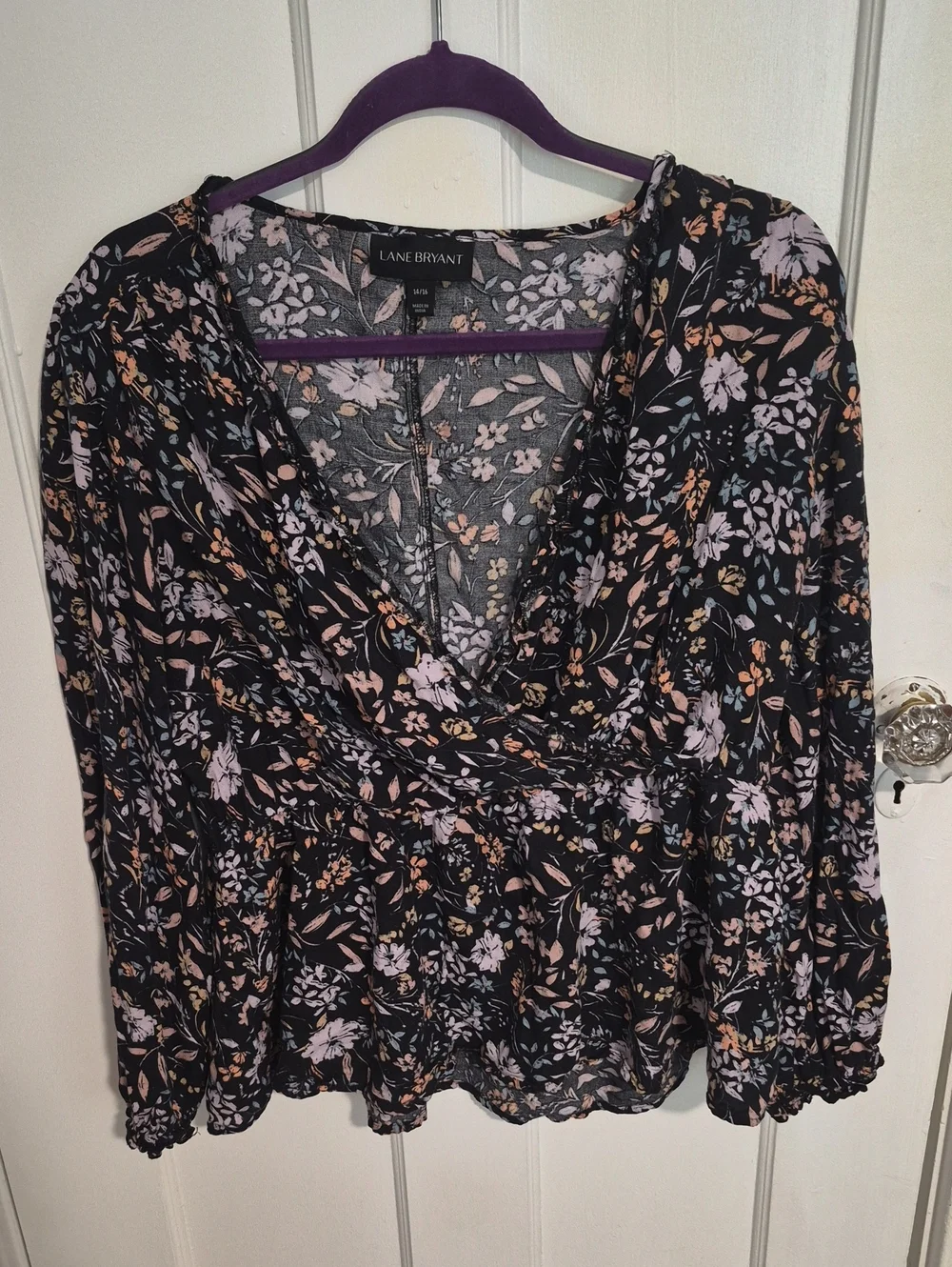 Lane Bryant Black Floral Wrap Blouse with Pink and Tan Accents